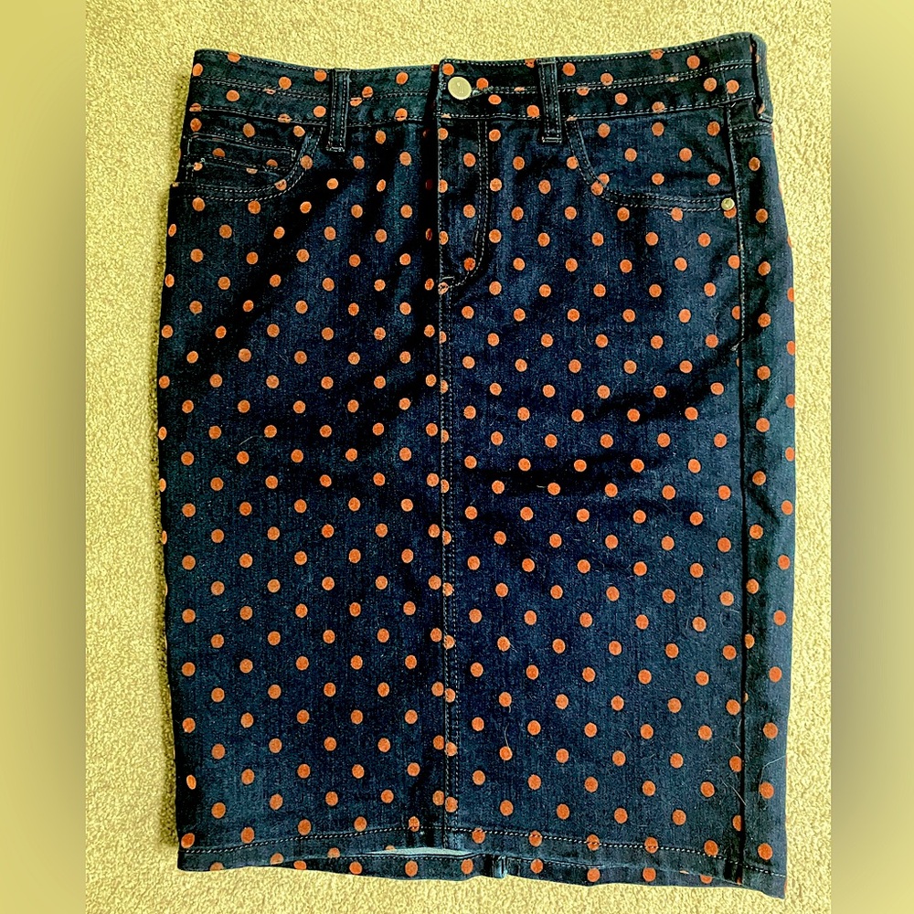 PILCRO ANTHROPOLOGIE midi denim jean pencil skirt polka dot Y2K classic preppy S